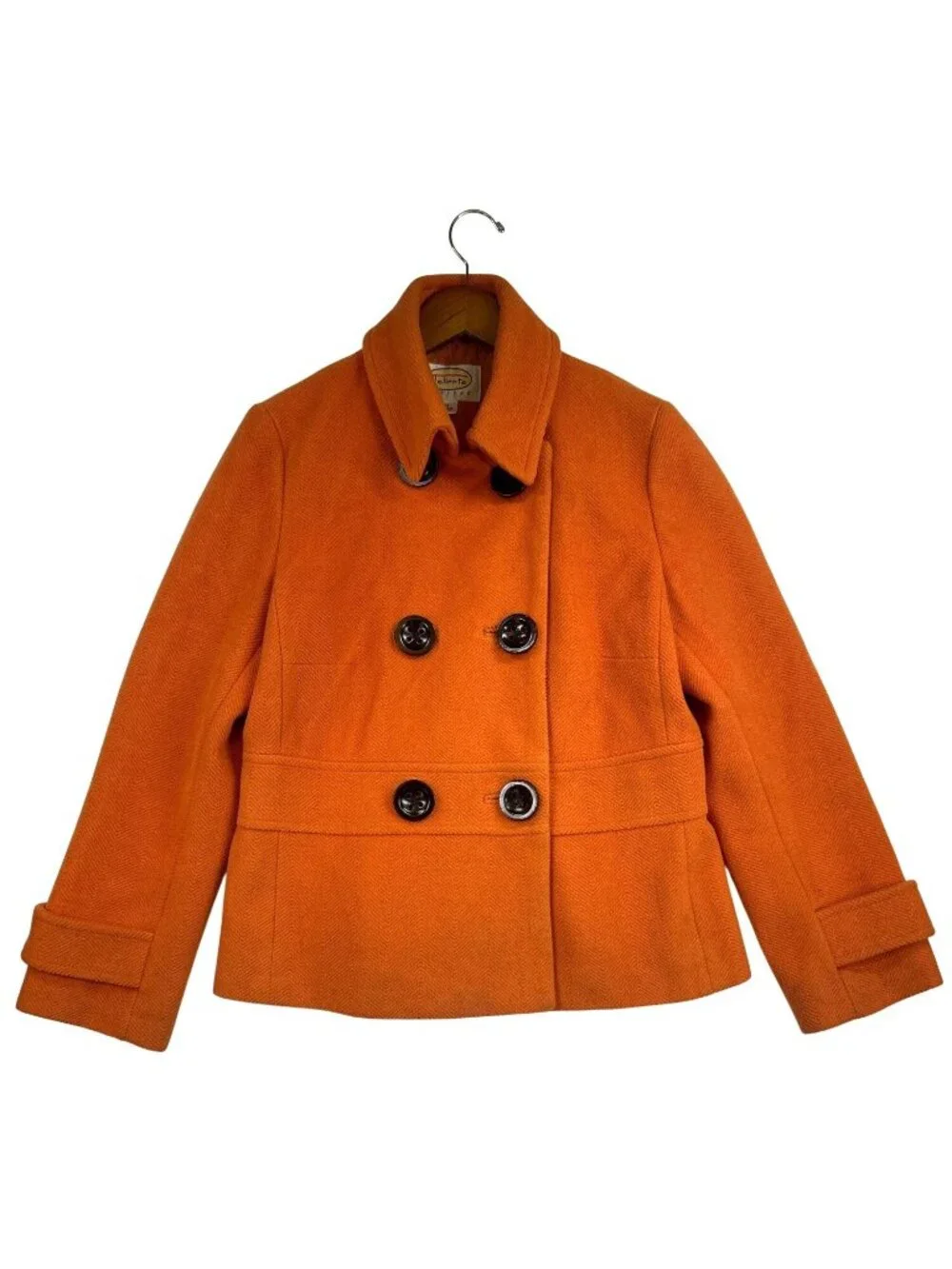 Talbots Womens 12P Orange Wool Herringbone Peacoat Double Breasted Fall Classic
